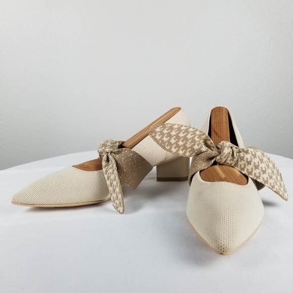 Vivaia Aurora Cream Pointed Toe Bow Houndstooth Mary Jane Block Heels Size 7.5 - Picture 3 of 12